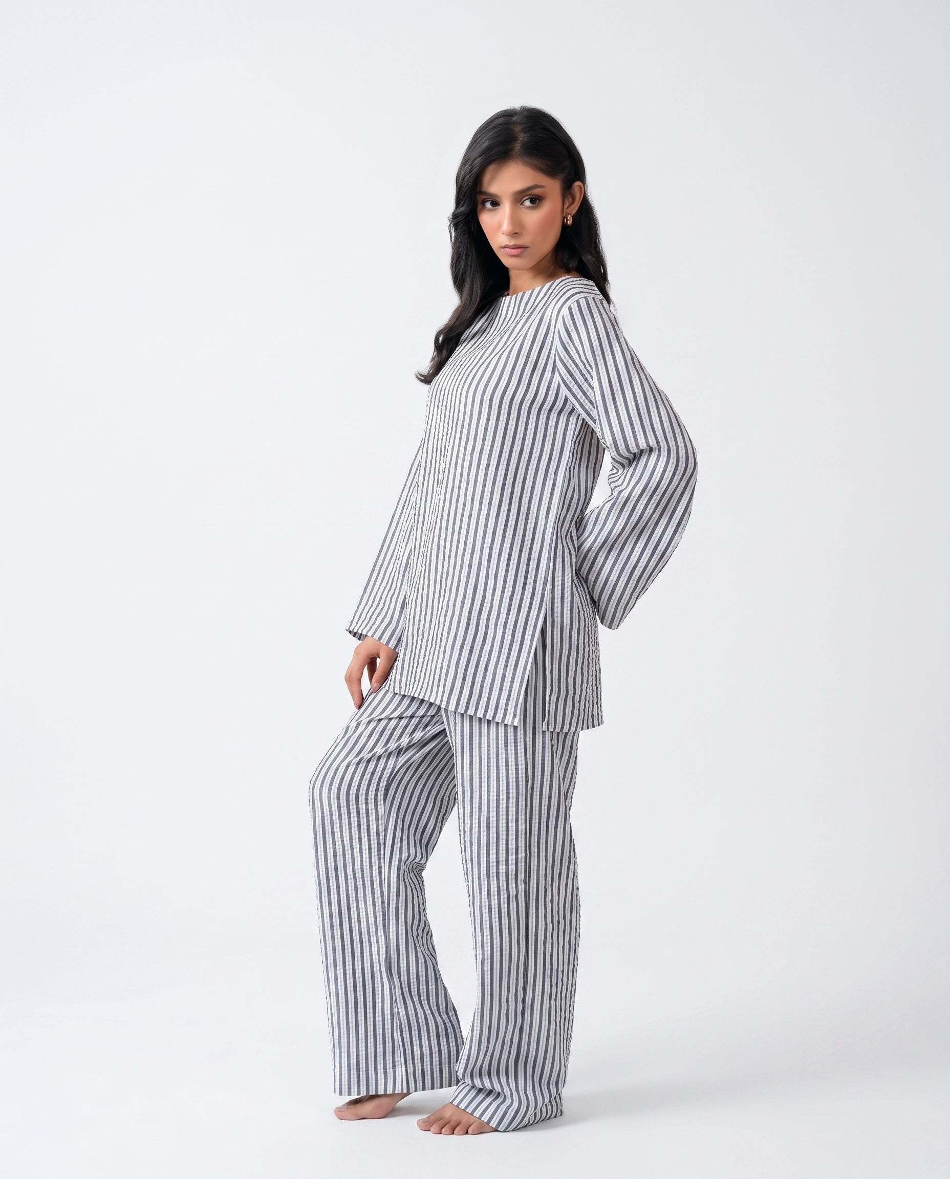 Grey Stripes Seersucker Co-Ord Set