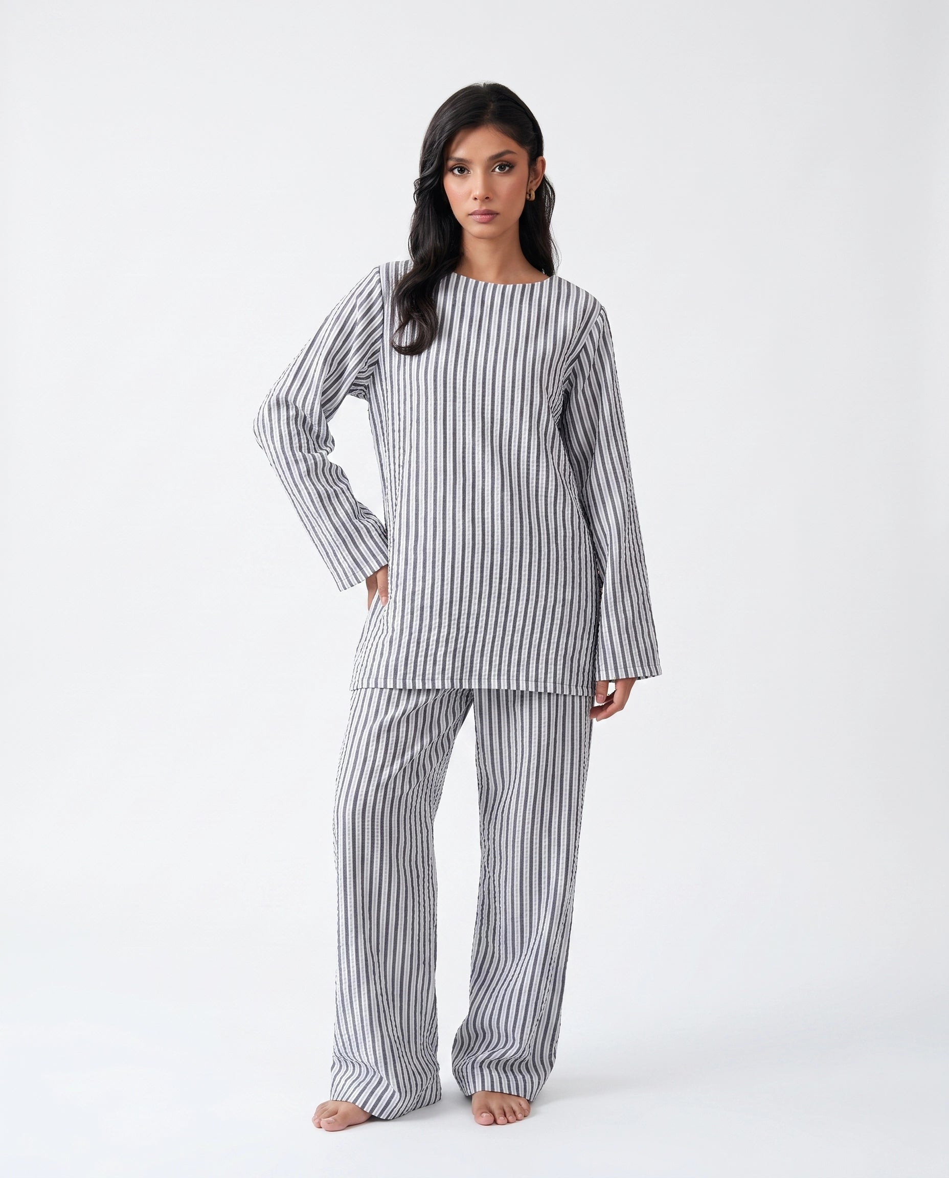 Grey Stripes Seersucker Co-Ord Set